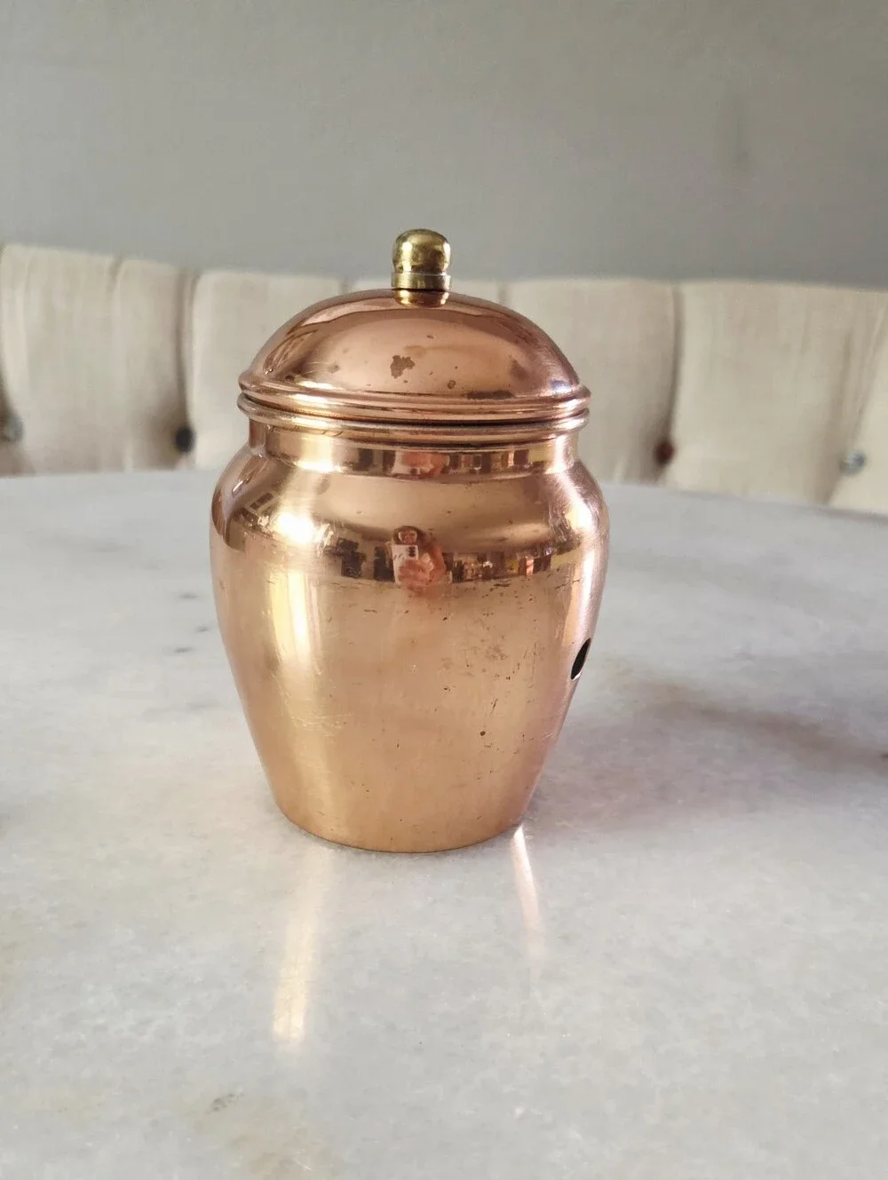 Vintage Copper Garlic Keeper Storage Jar + Lid, Brass Plaque, Ventilation Holes